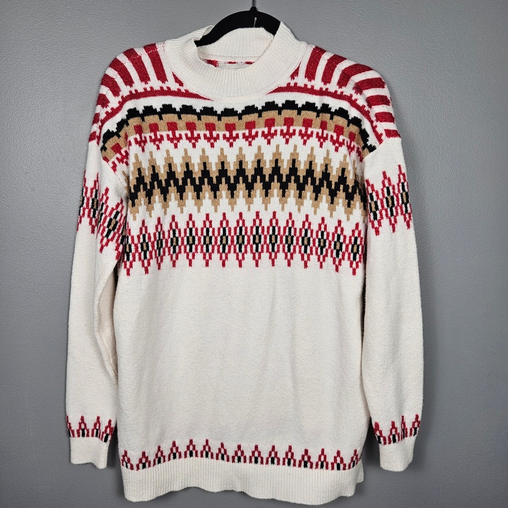 Ann Taylor LOFT Womens Small Tunic Sweater Mock Neck Fair Isle Ski White Red
